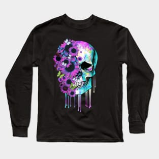 Tattoo skull floral sunflowers watercolor design Long Sleeve T-Shirt